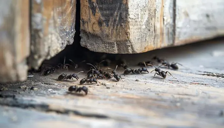 A group of ants crawling out from a gap